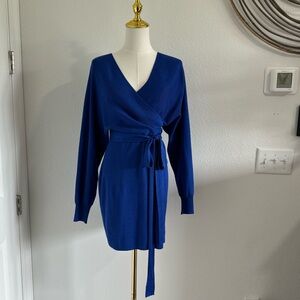 Elegant Blue Wrap Sweater Dress